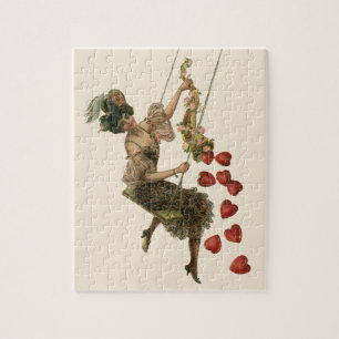 Vintage Valentine's Day, Victorian Lady on a Swing Jigsaw Puzzle