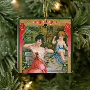 Vintage Valentines Day, Victorian Lady with Cherub Ceramic Ornament