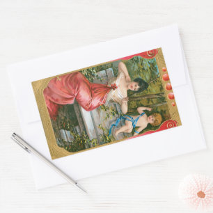 Vintage Valentines Day, Victorian Lady with Cherub Rectangular Sticker