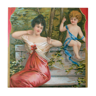 Vintage Valentines Day, Victorian Lady with Cherub Tile