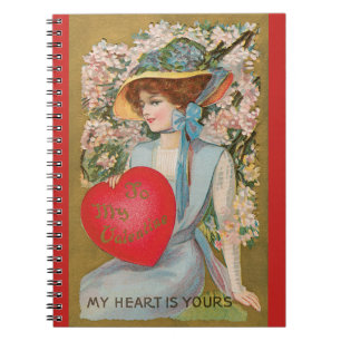 Vintage Valentines Day, Victorian Lady with Heart Notebook
