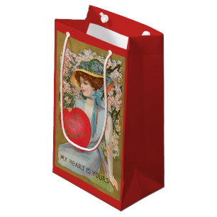 Vintage Valentines Day, Victorian Lady with Heart Small Gift Bag