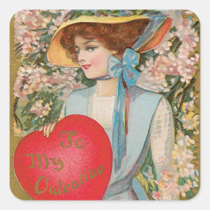 Vintage Valentines Day, Victorian Lady with Heart Square Sticker