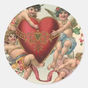 Vintage Valentines, Victorian Angels Cherubs Heart Classic Round Sticker