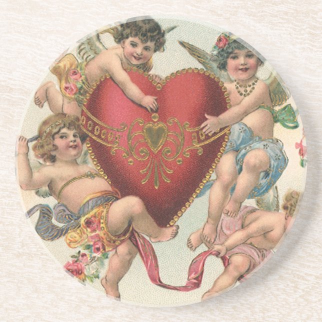 Vintage Valentines, Victorian Angels Cherubs Heart Coaster (Front)