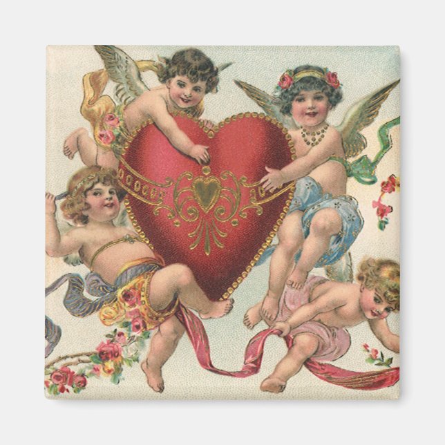 Vintage Valentines, Victorian Angels Cherubs Heart Magnet (Front)