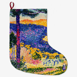 Vintage Valley with Fir painting Large Christmas Stocking