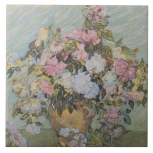 Vintage Van Gogh Pink Roses in a Vase Tile