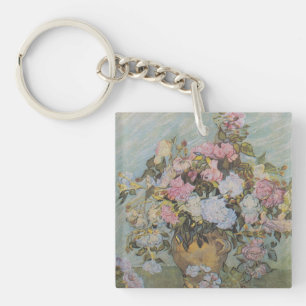Vintage Van Gogh Vase with Pink Roses Key Ring