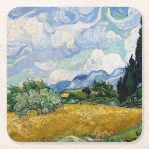 Vintage Van Gogh Wheat Field with Cypresses Square Paper Coaster