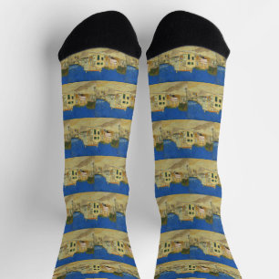 Vintage Van Gogh Yellow House Blue Sky Painting Socks