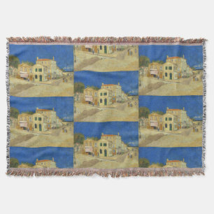 Vintage Van Gogh Yellow House Blue Sky Painting Throw Blanket
