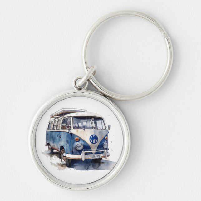 Vintage Van in Delft Blue customisable Key Ring (Front)