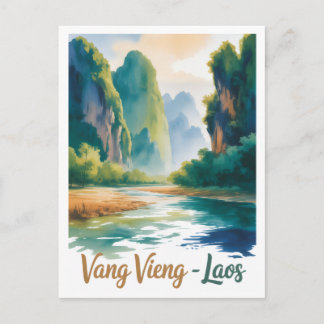 Vintage Vang Vieng Laos Travel Art Postcard