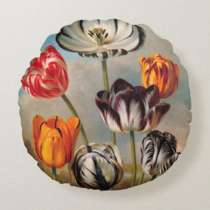 Vintage Variegated Tulip Flowers in a Landscape Round Cushion