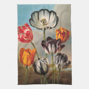 Vintage Variegated Tulip Flowers in a Landscape Tea Towel