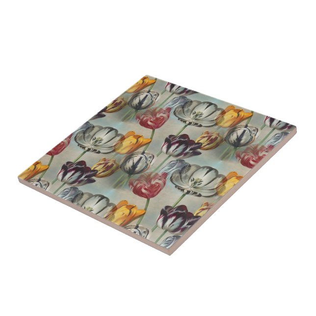 Vintage Variegated Tulips Botanical Floral Tile (Side)