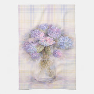 Vintage Vase of Lilac Hydrangea Flowers  Tea Towel