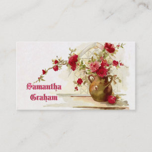 Vintage vase with red roses watercolor business card