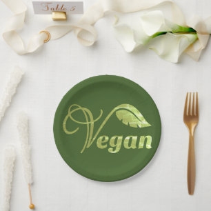 Vintage Vegan Logo Green Leaf Paper Plate