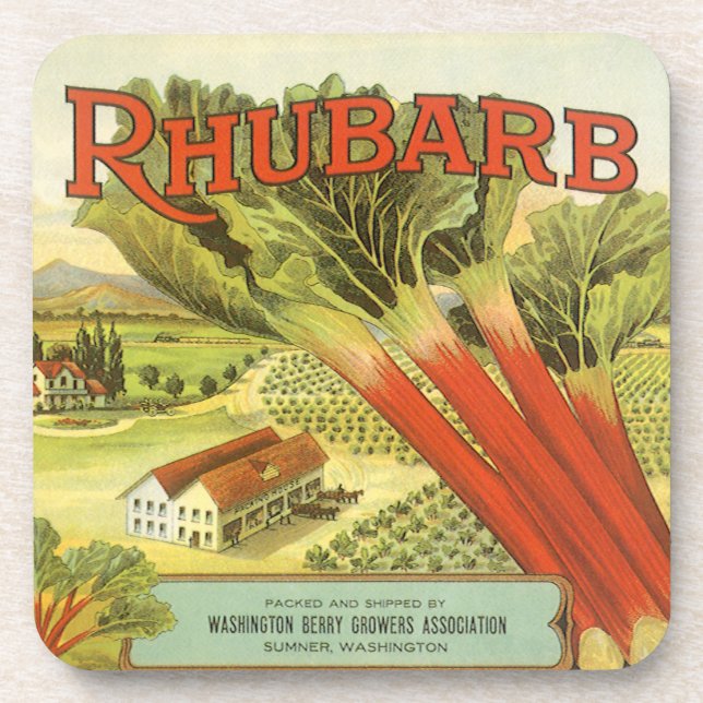 Vintage Vegetable Can Label Art, Rhubarb Farm Coaster (Front)