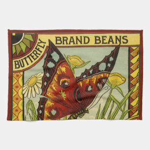 Vintage Vegetable Label Art, Butterfly Brand Beans Tea Towel