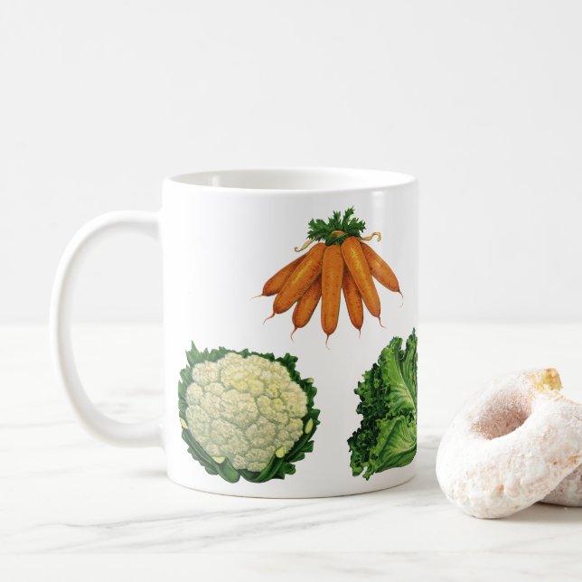 Vintage Vegetables; Carrots, Cauliflower, Lettuce Coffee Mug (With Donut)