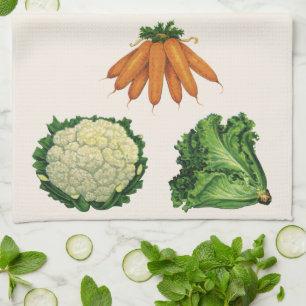 Vintage Vegetables; Carrots, Cauliflower, Lettuce Tea Towel