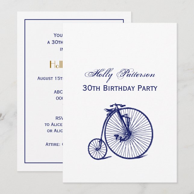 Vintage Velocipede Penny Farthing Bicycle Bike Blu Invitation (Front/Back)