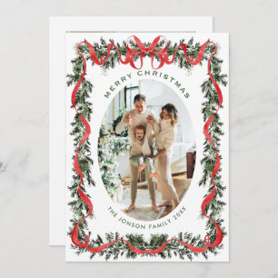 Vintage Velvet Green Stripped Red Bow 2 Photo Holiday Card