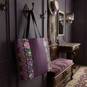 Vintage Velvet Victorian Purple Floral Tapestry Tote Bag