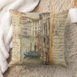 Vintage Venice Canal with Handwritten Script Cushion