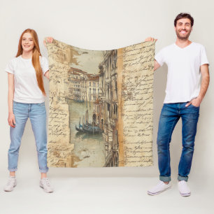 Vintage Venice Canal with Handwritten Script Fleece Blanket