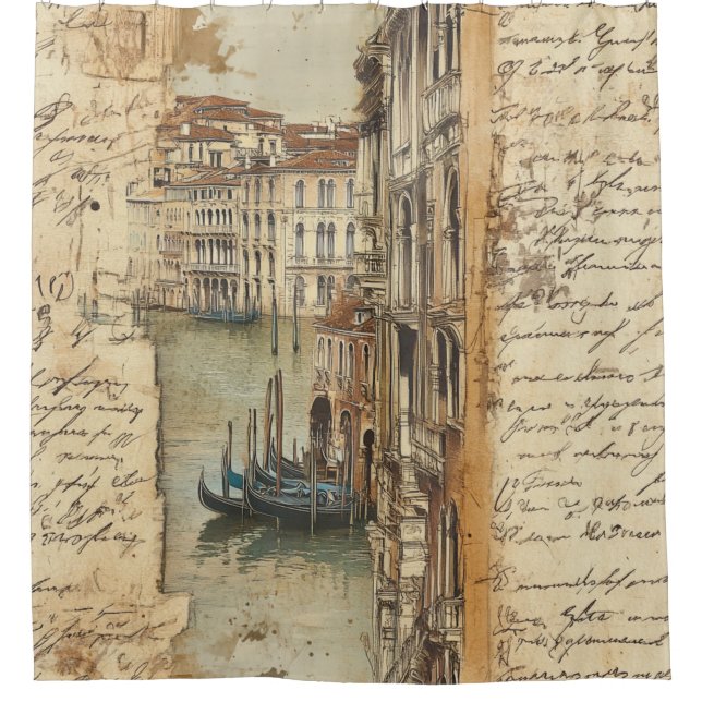 Vintage Venice Canal with Handwritten Script Shower Curtain (Front)