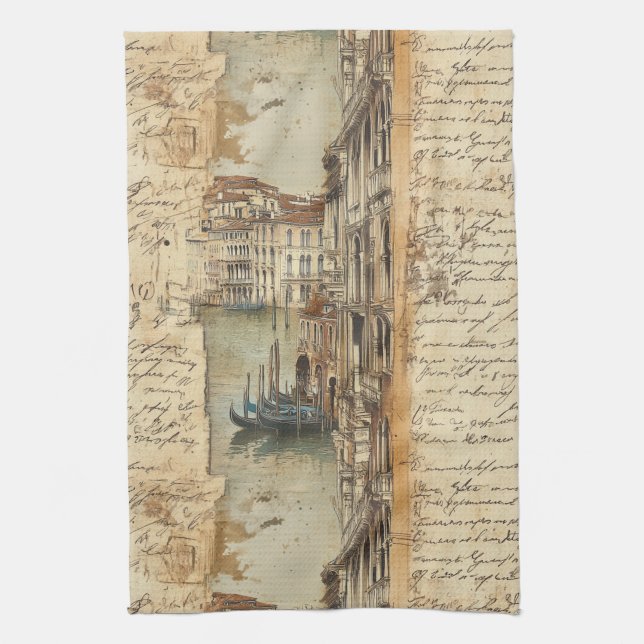 Vintage Venice Canal with Handwritten Script Tea Towel (Vertical)