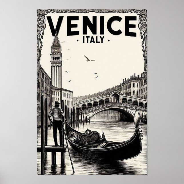 Vintage Venice Italy Gondola Travel Poster (Front)