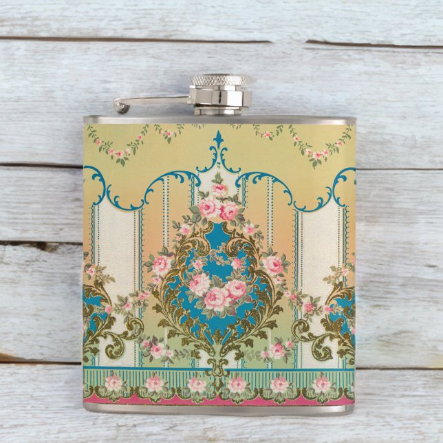 Vintage Versailles Rococo Stylish Pink Roses Gold Hip Flask (Creator Uploaded)