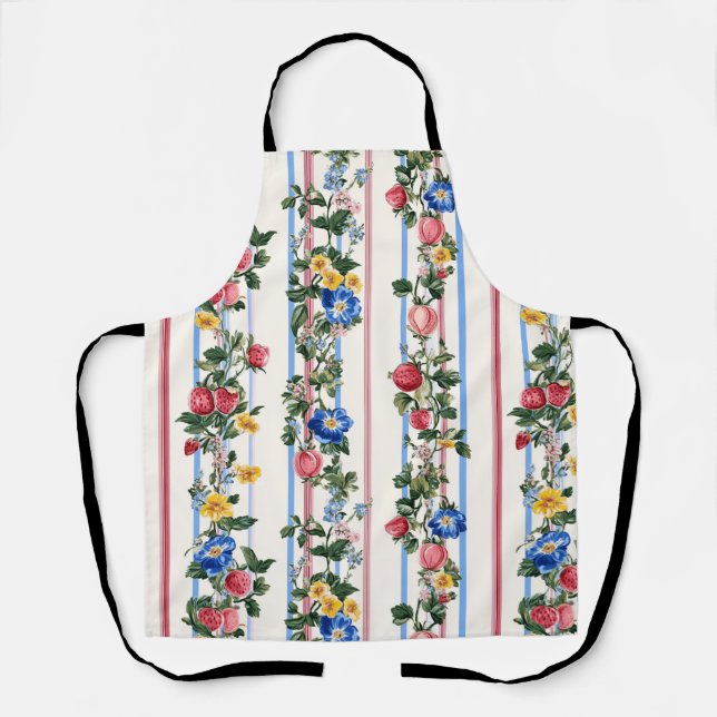 Vintage Vertical Strawberry Floral Stripe Pattern Apron (Front)
