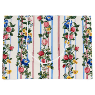 Vintage Vertical Strawberry Floral Stripe Pattern Large Gift Bag