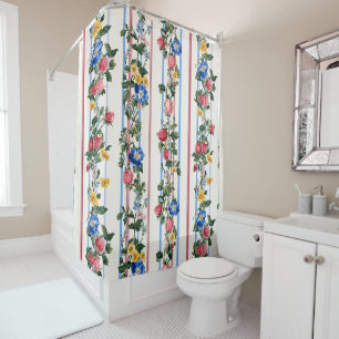 Vintage Vertical Strawberry Floral Stripe Pattern Shower Curtain