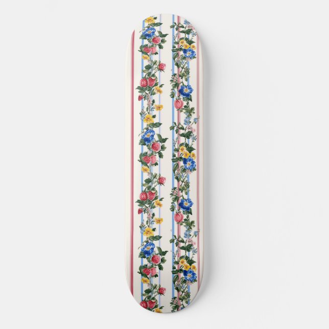 Vintage Vertical Strawberry Floral Stripe Pattern Skateboard (Front)