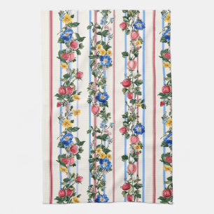 Vintage Vertical Strawberry Floral Stripe Pattern Tea Towel