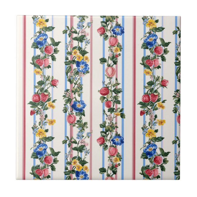 Vintage Vertical Strawberry Floral Stripe Pattern Tile (Front)