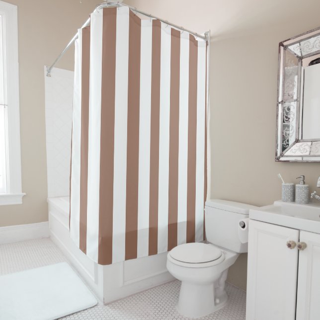 Vintage Vertical Stripes Mocha Mousse White Shower Curtain (In Situ)