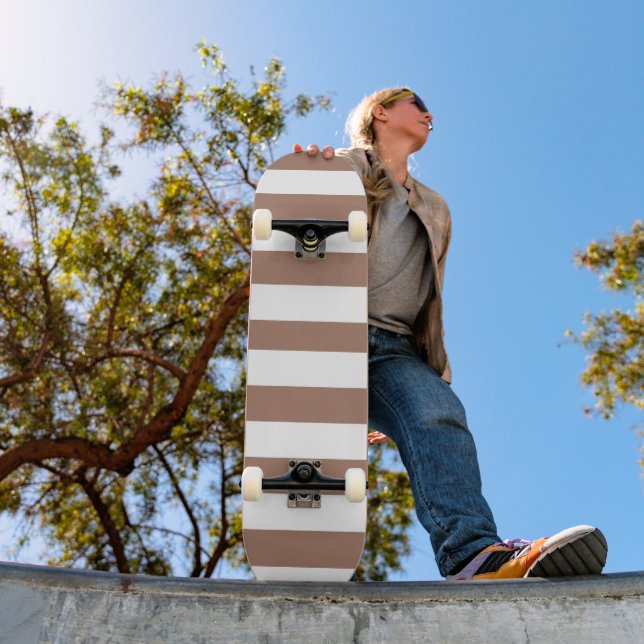 Vintage Vertical Stripes Mocha Mousse White Skateboard (Outdoor 1)