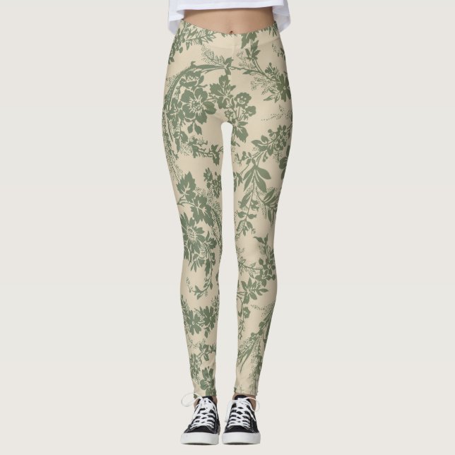 Vintage Vibrant Green Floral Pattern Leggings (Front)