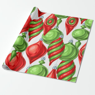 Vintage Vibrant Red and Green Christmas Ornaments Wrapping Paper