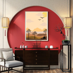 Vintage,vibrant sunburst, serene tree,civilisation poster