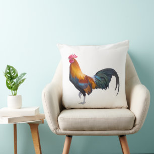 Vintage, vibrantly coloured rustic farm rooster cushion