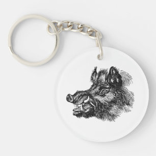 Vintage Vicious Wild Boar w Tusks Template Key Ring